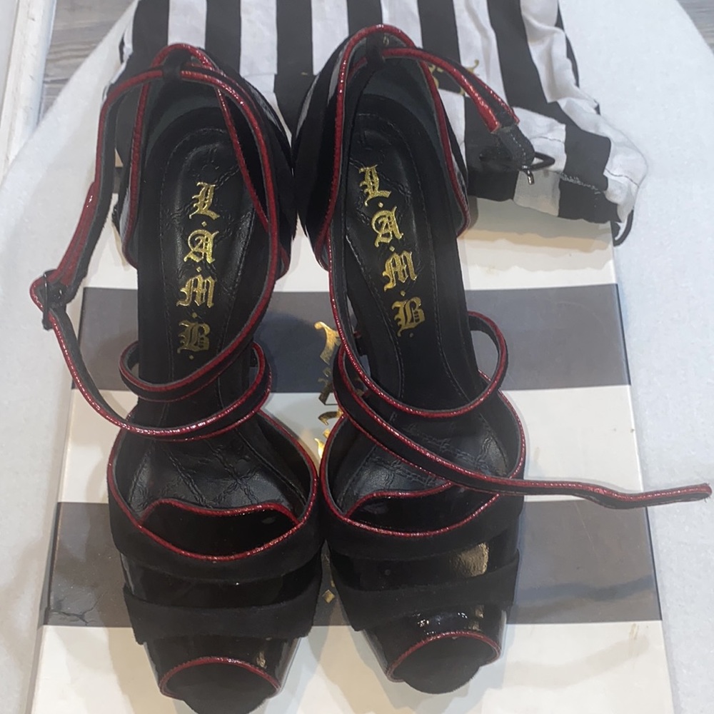 L.A.M.B. Black suede and patent leather and red platform heel size 7